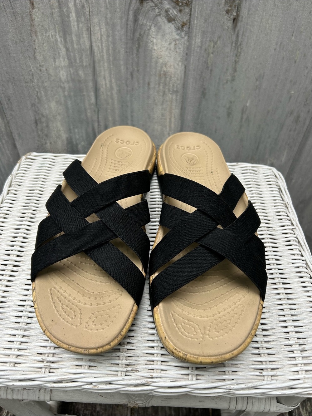 CROCS Women's Black Strappy Sandal with Beige Footbed